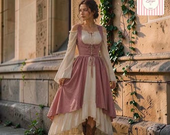 Abito rinascimentale cottagecore, costume fairycore per fiere rinascimentali, abito lungo medievale con corsetto da donna