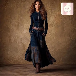 May include: A long-sleeved dark blue dress featuring a button-down bodice, a brown leather belt with a circular buckle, and a floor-length skirt with a multi-colored plaid pattern at the hem. The garment is paired with brown lace-up boots.