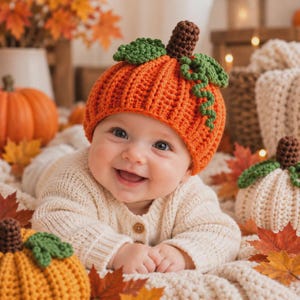 Può includere: Un cappello a forma di zucca lavorato all'uncinetto in arancione brillante con un gambo marrone scuro e foglie verdi testurizzate. Il cappello presenta un motivo a maglia a coste ed è progettato per aderire, con colori autunnali vivaci.