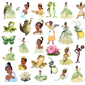 May include: A collection of digital stickers featuring characters and icons from The Princess and the Frog, including Tiana in various outfits, Prince Naveen, Louis the alligator, Ray the firefly, green frogs, a lotus flower, and a butterfly.
