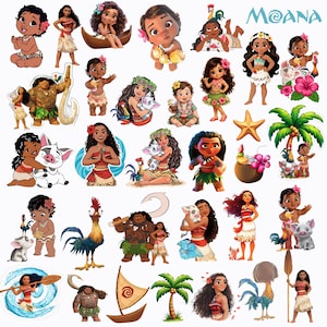 May include: A collection of Moana-themed stickers featuring the characters Moana, Maui, Pua the pig, and Heihei the rooster in various poses, along with tropical elements like palm trees, a coconut drink, a starfish, and a sailboat.