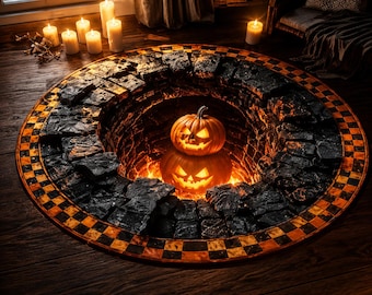 2D Pumpkin Vortex Illusion Rug: Black-Orange Checkerboard Halloween Decor