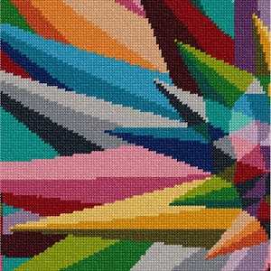 May include: A cross-stitch embroidery pattern featuring a vibrant, abstract composition of sharp, elongated geometric shapes. The design displays a rich palette of colours including teal, orange, pink, lime green, deep purple, and yellow, arranged in a dense, pixelated grid structure.