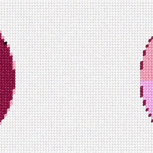 May include: Two circular cross-stitch patterns on white fabric. The left circle is dark magenta with a pink butterfly. The right circle is light pink with an orange and black butterfly. Both designs feature detailed stitching and vibrant colors.