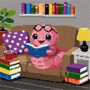 May include: A cross-stitch pattern featuring a pink worm wearing black glasses, sitting on a brown sofa while reading a blue book. The scene includes a purple polka-dot pillow, stacks of colorful books, a green potted plant, and a yellow lamp.