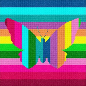 May include: A square cross-stitch pattern featuring a large butterfly silhouette centered over a background of horizontal stripes in shades of blue, teal, purple, orange, yellow, green, pink, and magenta. The butterfly is filled with vertical stripes.