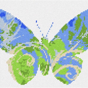 May include: A cross-stitch embroidery pattern of a butterfly featuring a vibrant color palette of bright green, light blue, and dark blue. The design incorporates swirling, organic shapes that fill the wings, with small blue antennae at the top.
