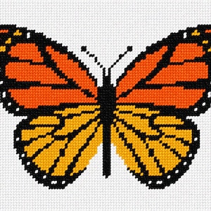 May include: A cross-stitch embroidery pattern of a monarch butterfly featuring vibrant orange and yellow wings with black veins and borders. The design is rendered on a white grid fabric, showcasing a symmetrical insect with two antennae.