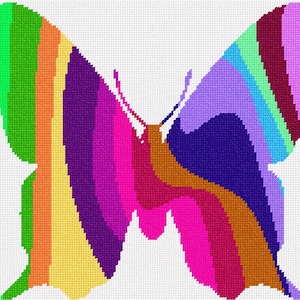 May include: A cross-stitch embroidery pattern of a butterfly featuring vibrant, multi-colored diagonal stripes in shades of bright green, orange, yellow, magenta, purple, blue, and brown, set against a white grid background with two antennae.