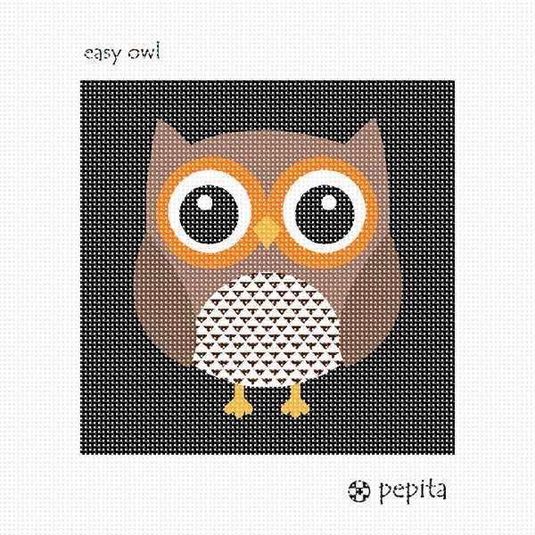 A beginner needlepoint kit of an owl which is suitable for kids and adults  learning how to needlepoint. The design is color-printed onto 10 mesh canvas  and measures 4 x 4. The