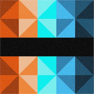 May include: A geometric pattern of orange, peach, turquoise, and blue triangles. The pattern is divided into two sections by a black horizontal band.