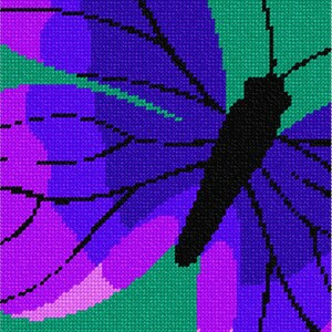 May include: A cross-stitch pattern featuring a butterfly with a solid black body and wings composed of pixelated blocks in shades of purple, magenta, and blue, set against a vibrant green background with distinct black stitched outlines.