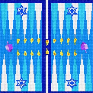 May include: A blue and white Hanukkah menorah with a Star of David at the top and bottom. The menorah has nine candles, eight of which are lit. The menorah is decorated with a blue and white striped pattern.