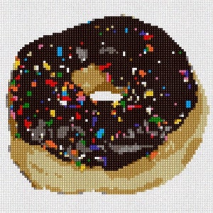 May include: A cross-stitch pattern of a donut featuring a tan dough base topped with dark brown icing and multi-colored sprinkles in red, blue, green, and yellow. The design is rendered in a pixelated style on a white grid fabric background.