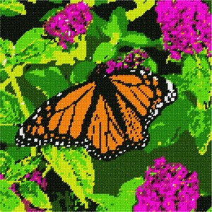 May include: A pixelated art piece depicting a monarch butterfly with orange and black wings resting on a cluster of vibrant magenta flowers surrounded by bright green leaves. The image features a grid-like texture throughout the entire composition.