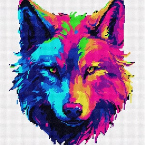 May include: A colourful, pixelated image of a wolf's head. The wolf's fur is a mix of bright pink, blue, green, and yellow.