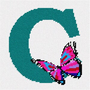 May include: A cross-stitch pattern of the letter C in a solid teal color, featuring a vibrant butterfly with pink, blue, and purple wings resting on the lower right curve of the letter, all set against a white grid fabric background.