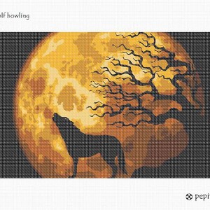 May include: A needlepoint canvas featuring a black silhouette of a wolf howling at a large, textured yellow and orange moon. The design includes dark tree branches silhouetted against the moon. The text wolf howling and pepita are printed.