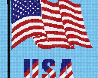May include: A cross-stitch pattern featuring a waving American flag on a black flagpole against a light blue background. Below the flag, the letters USA are stitched in a block font, with the letters filled with red and white stripes and blue accents.