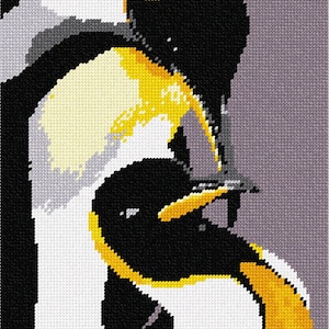 May include: Two penguins, one white with black markings and a yellow beak, and the other black with a yellow beak, are shown in a close-up image. The penguins are facing each other, with the white penguin's head resting on the black penguin's head.