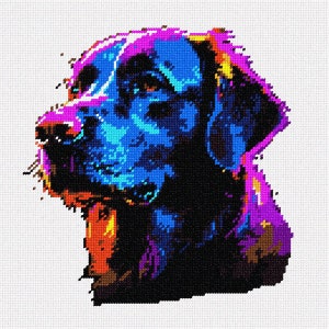 May include: A cross-stitch pattern depicting the profile of a dog head. The design features a vibrant color palette of neon blue, purple, magenta, and orange pixels against a white grid background, creating a high-contrast, digital-style portrait.