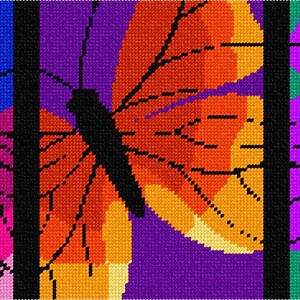 May include: Three colorful butterflies with black outlines and wings in shades of pink, orange, and purple. The butterflies are arranged in a row against a background of blue, purple, and green.