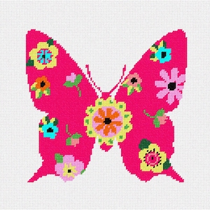 May include: A cross-stitch pattern of a butterfly in a vibrant hot pink color. The butterfly wings are decorated with various small, colorful floral motifs in shades of yellow, light blue, orange, pink, and green, arranged in a grid-like design.