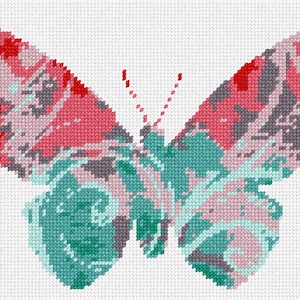 May include: A cross-stitch embroidery pattern of a butterfly on white fabric. The butterfly wings feature a mottled color palette of bright red, soft pink, dark gray, and teal green. Two small red dotted lines extend upward to represent antennae.