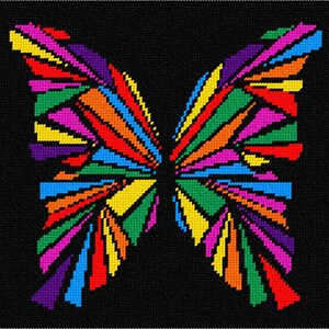 May include: A cross-stitch embroidery pattern of a butterfly on a black fabric background. The butterfly wings are composed of geometric, angular segments in vibrant colors including red, orange, yellow, green, blue, and magenta.