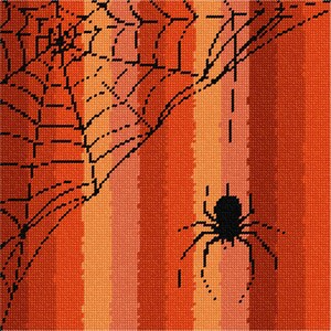 May include: A cross-stitch embroidery pattern featuring a black spider and a large web against a background of vertical stripes in shades of orange, red, and light peach. The design uses a pixelated style to depict the arachnid and its web.