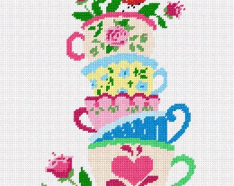 Needlepoint Kit or Canvas: Teacups And A Bird