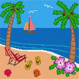 May include: A cross-stitch pattern depicting a beach scene with two brown palm trees, a red and white striped lounge chair, yellow flip-flops, two pink hibiscus flowers, a pink and yellow sailboat on blue water, and two small seashells.