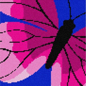 May include: A pink and black butterfly with its wings spread wide against a bright blue background. The butterfly's wings have a layered, textured look.