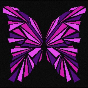 May include: A geometric butterfly design with pink and purple hues on a black background.