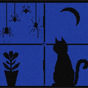 May include: A cross-stitch pattern featuring a black cat sitting in a window at night. The scene includes a crescent moon, three hanging spiders, and a potted plant. The background is a deep blue, and the window frame is depicted in black.