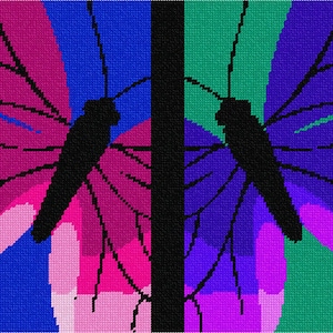 May include: Two butterflies, one pink and one purple, are mirrored on a blue and green background. The butterflies are outlined in black and have a black body.