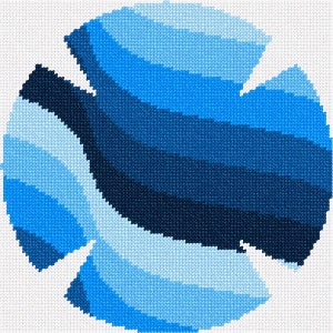 May include: A blue and white abstract design with a circular shape, created with a cross-stitch pattern.