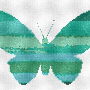 May include: A cross-stitch embroidery pattern of a butterfly silhouette featuring horizontal stripes in various shades of teal, turquoise, and forest green. The design is composed of individual X-shaped stitches on a white fabric background.