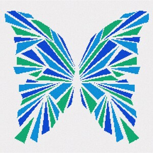 May include: A cross-stitch pattern of a butterfly composed of geometric shapes in shades of blue, light blue, and green. The design features sharp, angular lines and a symmetrical arrangement of colored segments on a white fabric background.