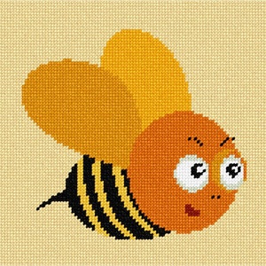 May include: A cross-stitch embroidery pattern on beige Aida cloth featuring a cartoon bee. The bee has a round orange head, large white eyes with black pupils, a small red mouth, yellow wings, and a black and yellow striped body.