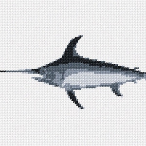 May include: A black and white cross-stitch pattern of a swordfish swimming to the right. The swordfish has a long, pointed bill and a dorsal fin.