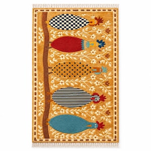 Handgeknüpfter Läuferteppich mit Hühnermotiv, gelber Hühner-Teppich für die Heimdekoration, farbenfroher Hühner-Läuferteppich 2,6 x 18