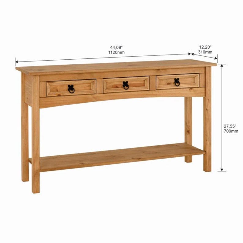 Unfinished Solid Pine Console Table, Farmhouse Entryway Sofa Table with Drawers and Shelf 44.9 Inches