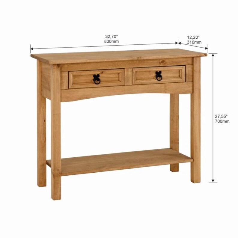 Unfinished Solid Pine Console Table, Farmhouse Entryway Sofa Table with Drawers and Shelf 32.7 Inches