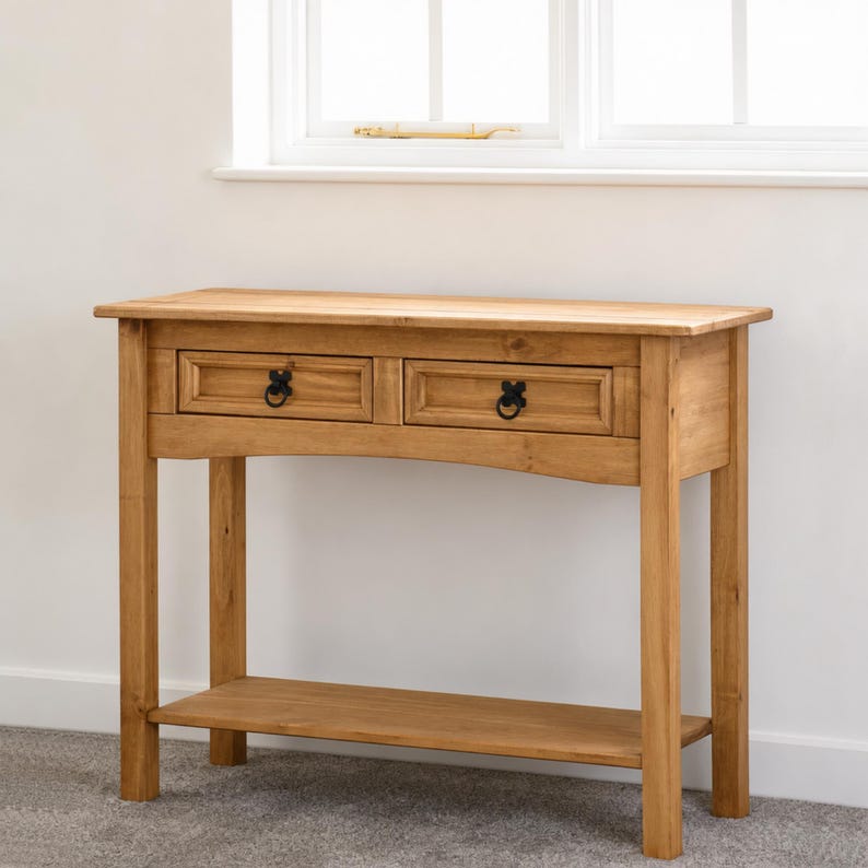 Unfinished Solid Pine Console Table, Farmhouse Entryway Sofa Table with Drawers and Shelf image 1