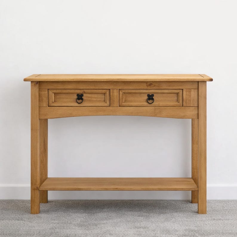 Unfinished Solid Pine Console Table, Farmhouse Entryway Sofa Table with Drawers and Shelf image 2