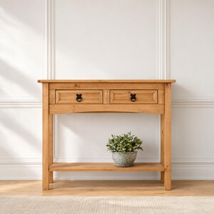 Unfinished Solid Pine Console Table, Farmhouse Entryway Sofa Table with Drawers and Shelf image 3
