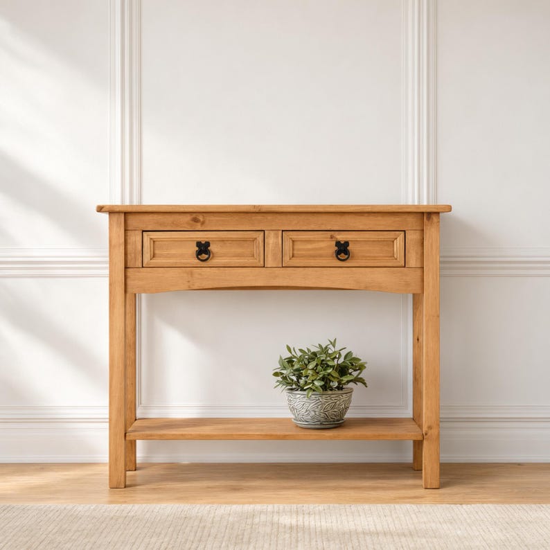Unfinished Solid Pine Console Table, Farmhouse Entryway Sofa Table with Drawers and Shelf image 3