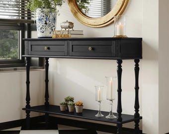 Narrow Console Table with Drawers, Turned Leg Sofa Table, Distressed Wood Finish