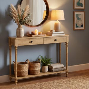 May include: A light wood console table with two drawers and a lower shelf. The table features turned legs and black knobs. On top are a vase with dried foliage, a wooden tray with three candles, a lamp, and books. Two woven baskets sit below.